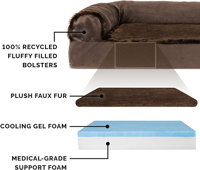 Furhaven Cooling Gel Dog Bed for Large/Medium Dogs w/ Removable Bolsters & Washable Cover, For Dogs Up to 55 lbs - Plush & Velvet L Shaped Chaise - Sable Brown, Large