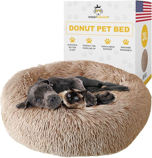 Calming Round Donut Dog Bed Pillow, Washable, Anti Anxiety, Anti-Slip, Cozy Soft Cuddler Comfort Bed with Fluffy Plush Faux Fur for large medium small Sized Dog - Beige, 2XL 43 inch