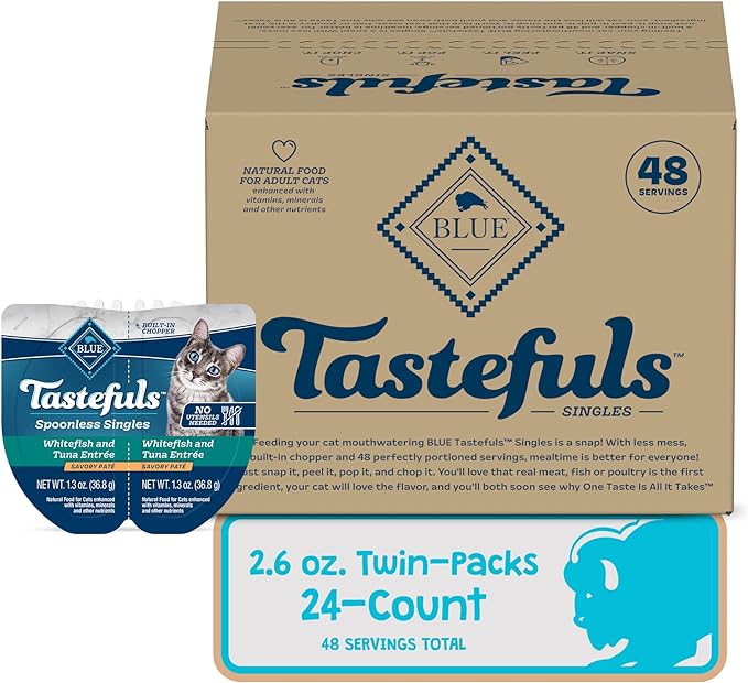 Blue Buffalo Tastefuls Spoonless Singles Adult Pate Wet Cat Food, Whitefish and Tuna Entrée, Perfectly Portioned Cups in (24) 2.6-oz Twin-Pack Trays