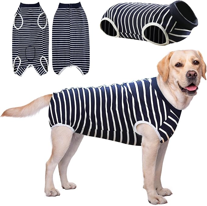 AURUZA Dog Recovery Suit After Surgery, Soft Breathable Dog Onesie for Surgery Female Male, Anti Licking Dog Surgical Suit (Blue Strip,2XL)