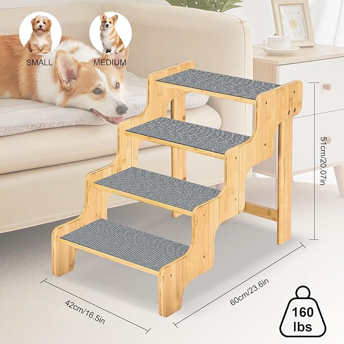 Dog Stairs for High Bed and Couch, Bamboo Dog Steps for Large and Small Dogs, 4-Step Non-Slip Balanced Pet Stairs for Dog/Cat, Wooden Dog Steps for High Beds