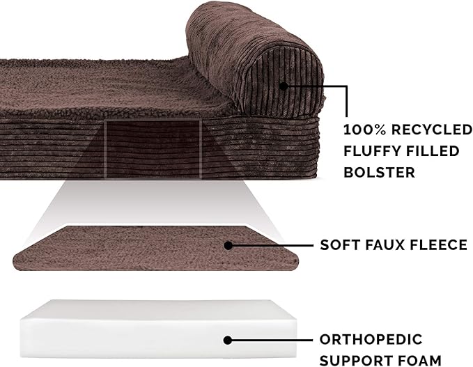 Furhaven Orthopedic Dog Bed for Large Dogs w/ Removable Bolster & Washable Cover, For Dogs Up to 125 lbs - Fleece & Corduroy Bolster Chaise - Dark Espresso, Jumbo Plus/XXL