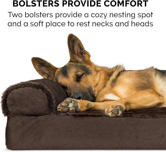 Furhaven Cooling Gel Dog Bed for Large/Medium Dogs w/ Removable Bolsters & Washable Cover, For Dogs Up to 55 lbs - Plush & Velvet L Shaped Chaise - Sable Brown, Large