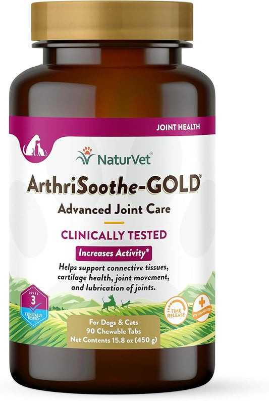 NaturVet – ArthriSoothe-GOLD – Level 3 Advanced Joint Care | Clinically Tested to Support Connective Tissue, Cartilage Health & Joint Movement | Enhanced with Glucosamine, MSM, Chondroitin & Green Lipped Mussel | For Dogs & Cats | 90 Chewable Tablets