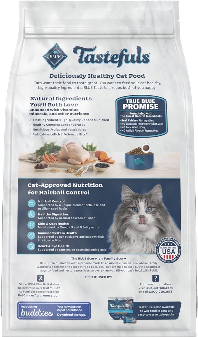 Blue Buffalo Tastefuls Natural Dry Food for Adult Cats, Hairball Control, Chicken & Brown Rice Recipe, 7-lb. Bag