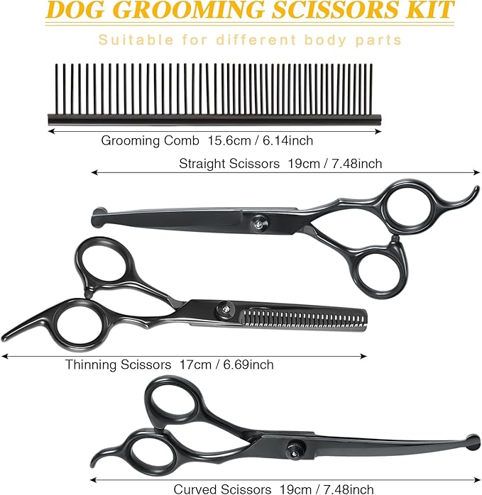 Dog Grooming Scissors, Maxshop Heavy Duty Titanium Pet Grooming Trimmer Kit, Professional Thinning Shears, Curved Scissors with Comb for Dogs and Cats (Black Set of 4)