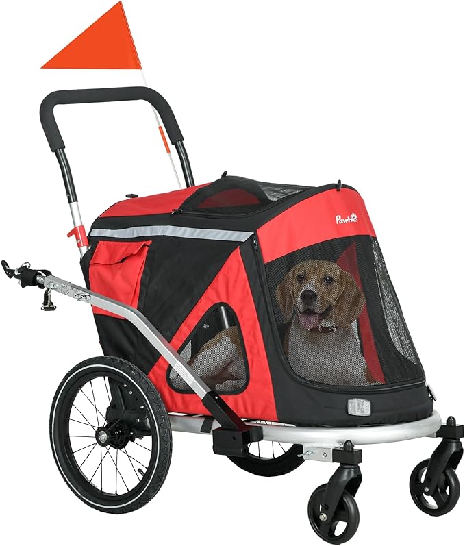 Aosom 2 in 1 Bike Trailer, Foldable Dog Bike Stroller with Aluminum Frame, Quick Release Wheels, Safety Leash, Anti-Slip Mat, Hitch Coupler, Reflectors, Flag for Medium Dogs