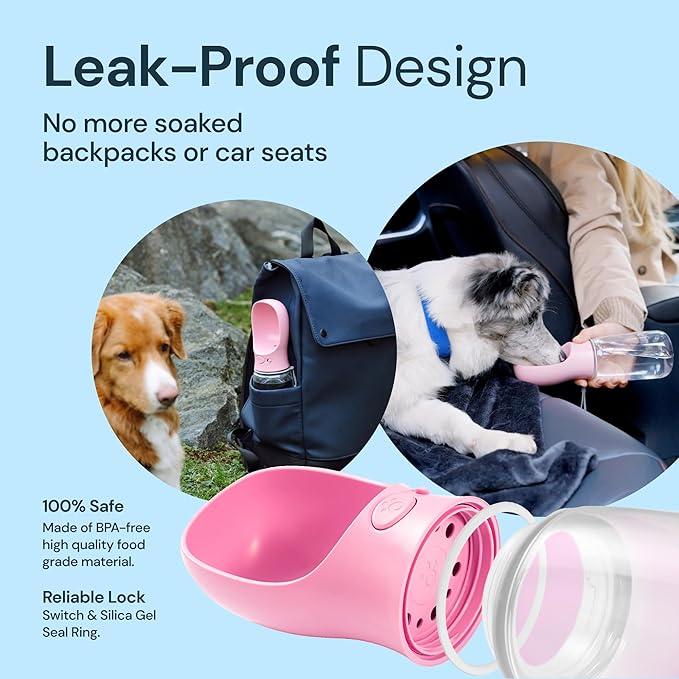 MalsiPree Dog Water Bottle Portable – Leak Proof and Lightweight Water Bottle for Dogs – Dog Travel Water Bottle with Bowl – Dog Walking Accessories (19OZ, Pink)