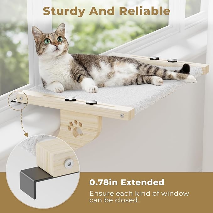 Cat Window Perch, Cat Window Hammock with Wood & Metal Frame for Large Cats, Adjustable Cat Perch for Windowsill, Bedside, Drawer and Cabinet(24.4''-White Plush) (Large Size - 24.4'')