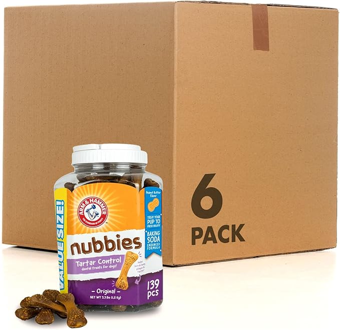 Arm & Hammer for Pets Nubbies Tartar Control Dental Treats for Dogs, Value Pack, 139 Count - 6 Pack | Dental Chews Fight Bad Dog Breath, Plaque & Tartar | Peanut Butter Flavor