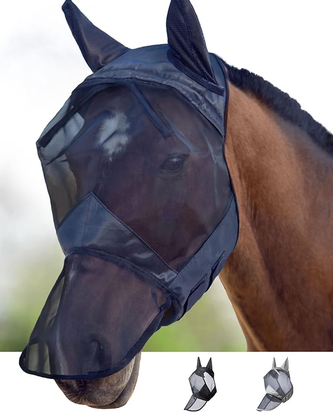 Harrison Howard CareMaster Horse Fly Mask Long Nose with Ears Full Face Black Small Pony