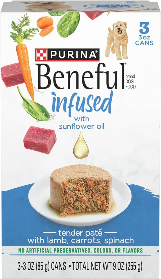 Beneful Purina Infused Wet Dog Food Pate with Real Lamb, Carrots and Spinach, with Sunflower Oil - (8 Packs of 3) 3 oz. Sleeves