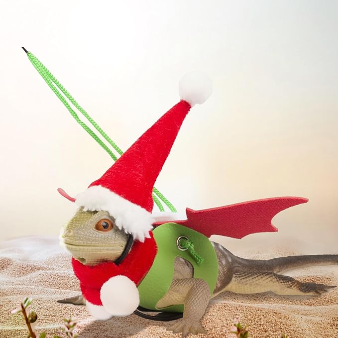 Christmas Bearded Dragon Santa Hat Bearded Dragon Leashes and Harnesses S/M/L 3 Size Lizard Harness Mini Santa Hats Scarf Adjustable Bearded Dragon Leash for Big Bearded Lizard