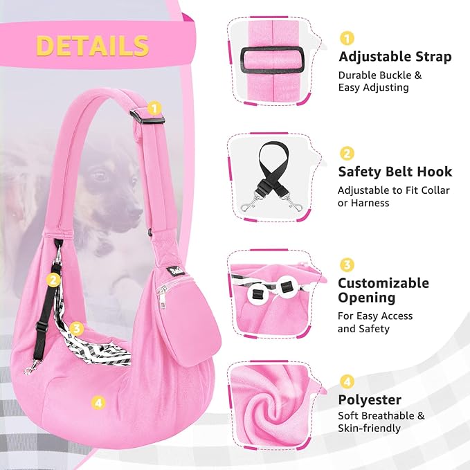 SlowTon Dog Carrier Sling - Thick Padded Adjustable Shoulder Strap Dog Carriers for Small Dogs, Puppy Carrier Purse for Pet Cat with Front Zipper Pocket Safety Belt Machine Washable (Pink Knitted, L)