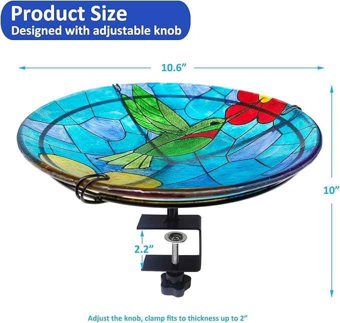 Deck Mounted Bird Bath for Outside, Bird Baths Deck Mounted Deck Bird Bath for Deck Railing, Glass Hummingbird Bird Bath Bowl Bird Feeders for Railing with Heavy Duty Adjustable Base-Hummingbird Blue