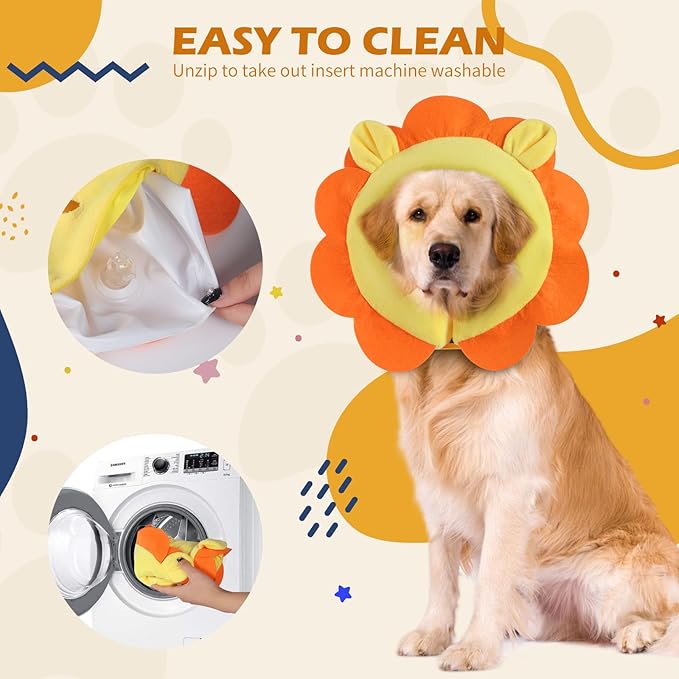 IEUUMLER Inflatable Recovery Dog Collar, Protective Donut Cone, Adjustable Soft Collar for Dog and Cat After Surgery Prevent from Biting & Scratching EU002 (L (Neck:11.8"-16.1"), Orange Lion)