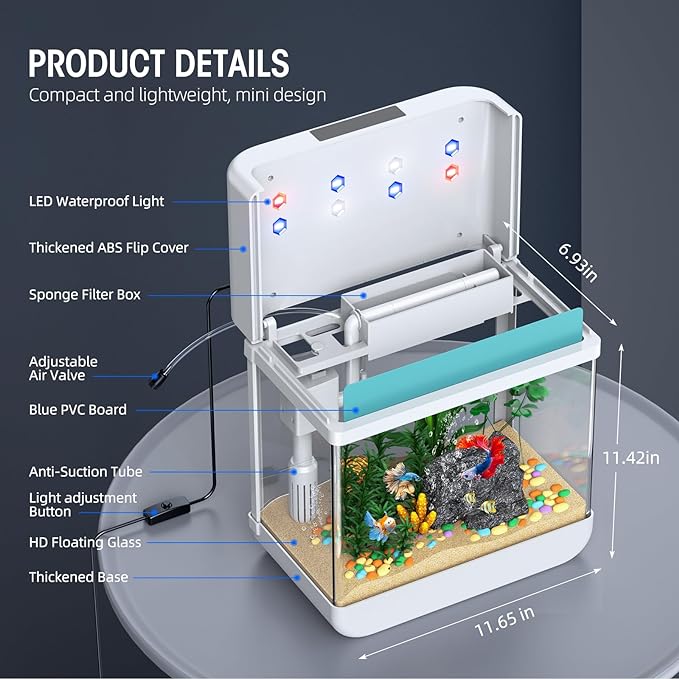 Fish Tank Aquarium 2.2 Gallon with Adjustable 3 Color Lighting Self Cleaning 3 in 1 Pump with Filteration, Oxygenation, Water Circulation Triple Function, HD Float Glass, Leak-Proof Thickened Base