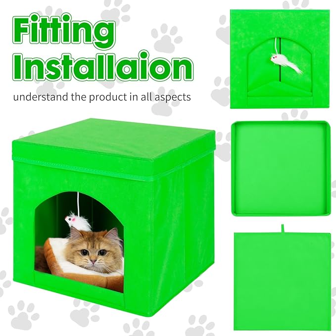 ShellKingdom Collapsible Cat House, Foldable Kitty Cat Cube and Cat Cave with Bed, Cat Stool Condo for Indoor Cats Gifts, 13 x 13 x 13 inches