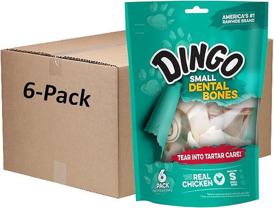 Dingo Small Dental Bones 6 Count, Rawhide Chews For Dogs, Natural Chewing Action Helps Clean Teeth, 36-Count