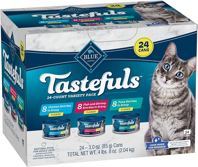 Blue Buffalo Tastefuls Natural Flaked Wet Cat Food Variety Pack, Tuna, Chicken and Fish & Shrimp Entrées in Gravy 3-oz Cans (24 Count)