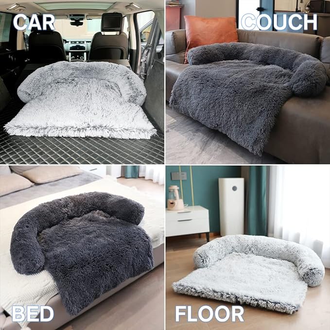 Calming Dog Bed Fluffy Plush Dog Mat for Furniture Protector with Removable Washable Cover for Large Medium Small Dogs and Cats (Medium, Light Grey)