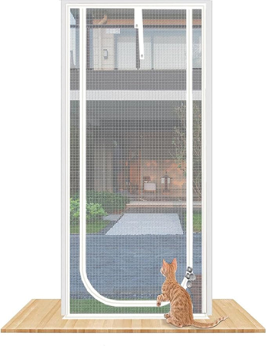 Reinforced Cat Screen Door,Fits Door Size 36''x 81'',Thickened Cat Resistant Mesh Screen Door for Living Room,Kitchen,Bedroom,Cat Proof Screen with Zipper Closure. (U-Type,White)