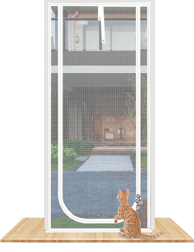 Reinforced Cat Screen Door,Fits Door Size 38''x 82'',Thickened Cat Resistant Mesh Screen Door for Living Room,Kitchen,Bedroom,Cat Proof Screen with Zipper Closure. (U-Type,White)