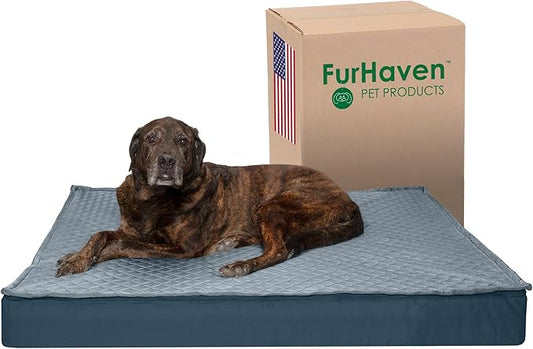 Furhaven Water-Resistant Memory Foam Dog Bed for Large Dogs w/ Removable Quilt Top & Washable Cover, For Dogs Up to 125 lbs - Indoor/Outdoor Quilt Top Convertible Mattress - Calm Blue, Jumbo Plus/XXL