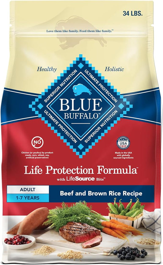 Blue Buffalo Life Protection Formula Adult Dry Dog Food, Helps Build and Maintain Strong Muscles, Made with Natural Ingredients, Beef & Brown Rice Recipe, 34-lb. Bag