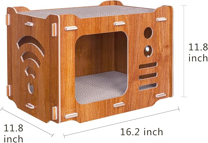 TV Wooden Cat Scratcher House Cardboard with 2 PCS Cat Scratch Pads 2 Story Cute Cat House with Scratcher Cat Scratchers Lounge Bed for Indoor Cats Play Cat Box cat Scratching House