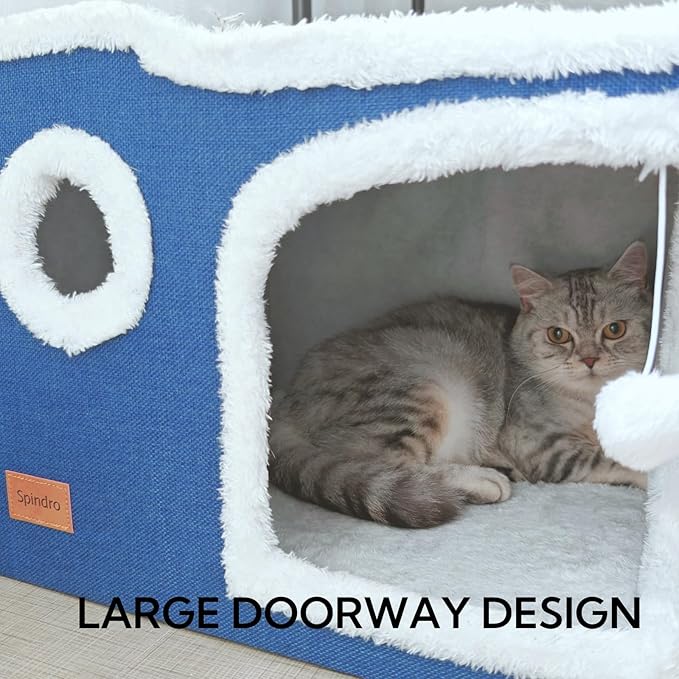 Large Cat Cave Bed for Indoor Cats, Cats Cube House with Scratch Pad Cat Condo Hideaway Tente Hut with Washable Sherpa Warm Soft Cat Mat, Cute Cat Beds Furniture, Modern Dog Bed,Navy