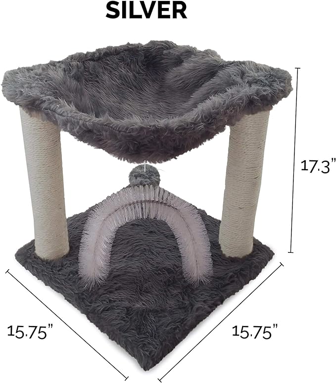 Furhaven 15.75" Tall Playground for Indoor Cats, Ft. Sisal Scratching Posts, Self-Grooming Brush, & Toy - Tiger Tough Hammock Interactive Playground - Silver, One Size