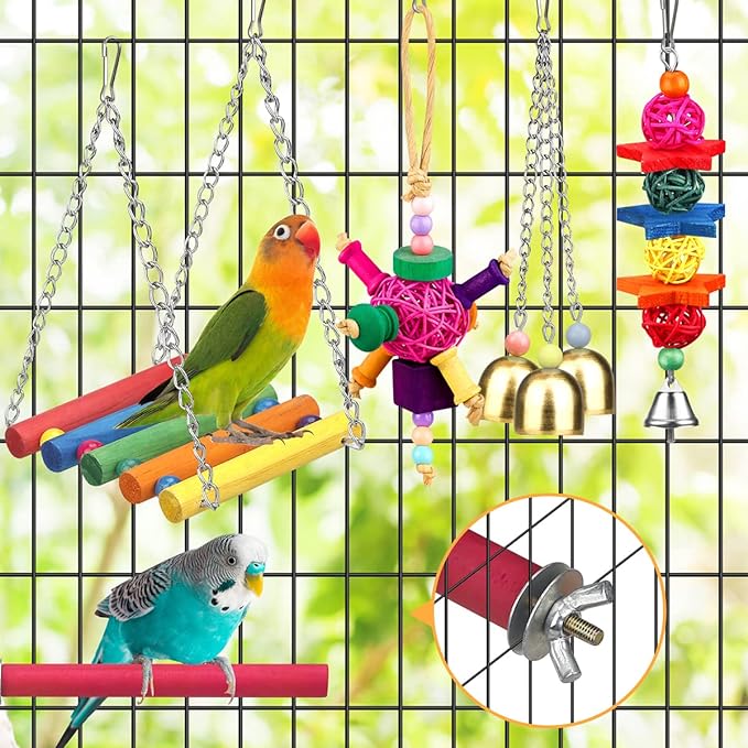 Bird Toys for Conures with Colorful Ladder hammock Bird Cage Accerious Bird Perch Stand Chewing Toys Hanging Bell Parrot Parakeet Cockatiel Lovebirds