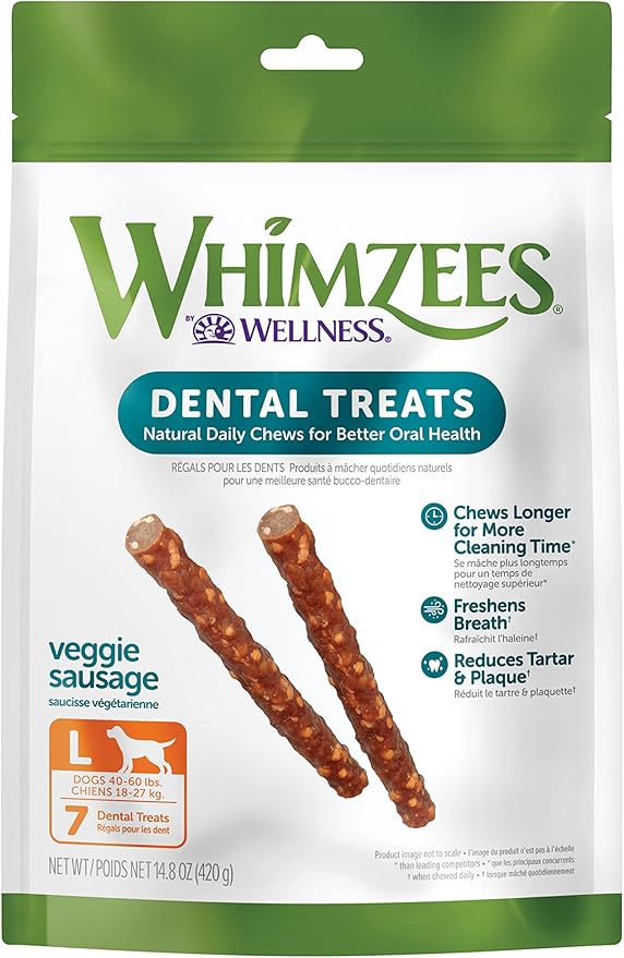 WHIMZEES Natural Grain Free Daily Dental Long Lasting Dog Treats, Veggie Sausage, Large, Bag of 7