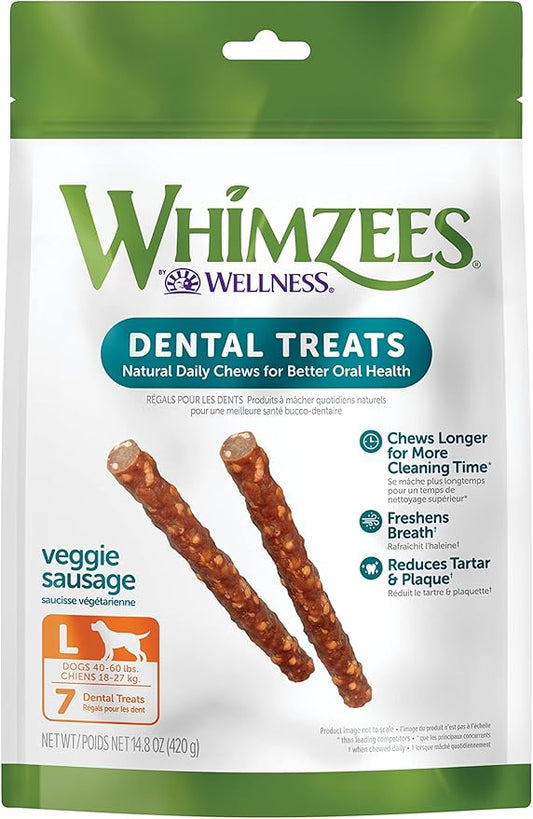 WHIMZEES Natural Grain Free Daily Dental Long Lasting Dog Treats, Veggie Sausage, Large, Bag of 7