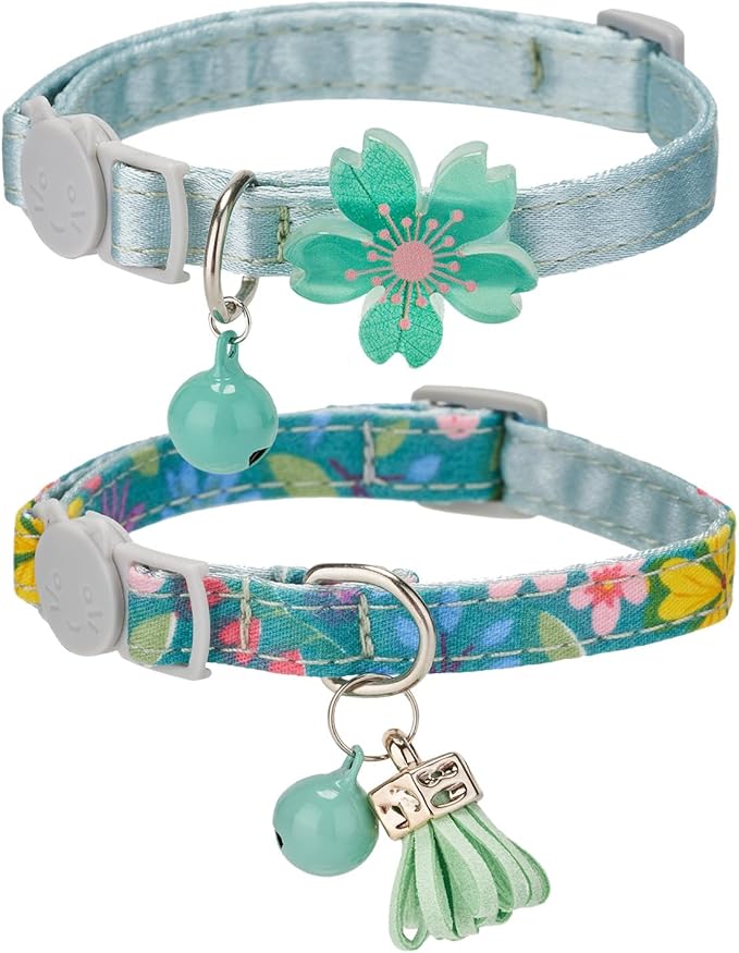 2 Pack Breakaway Cat Collars with Bell, Floral Kitten Collars with Tassel Pandent and Luminours Flower Accessory for Female Male Cats,Green