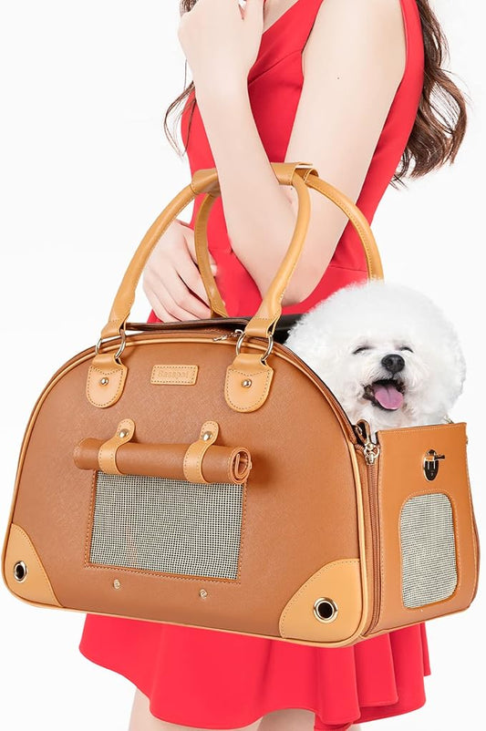 Dog Carrier, Pet Carrier, Dog Purse, Foldable Premium PU Leather Cat Carrier, Portable Tote Bag Carrier for Cats and Small Dogs - Brown