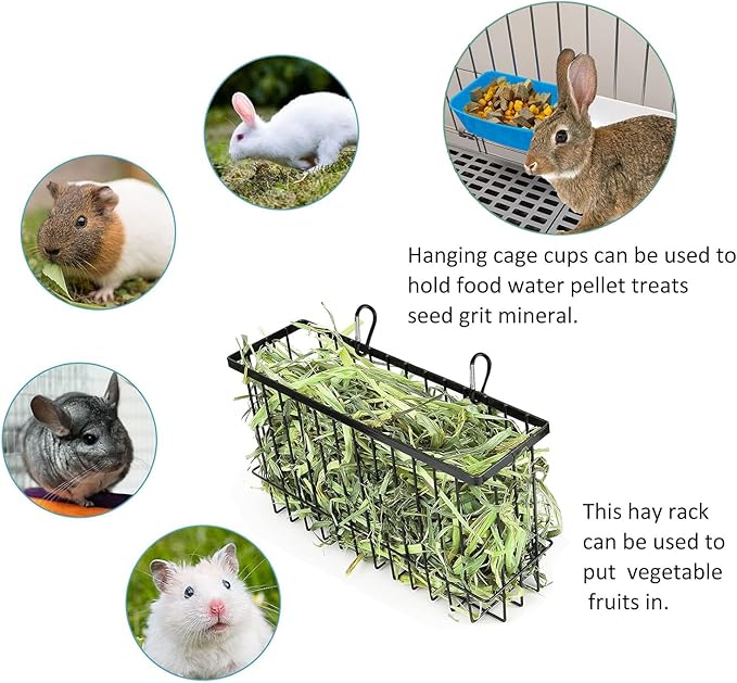 Hay Feeder for Rabbit Guinea Pig Chinchilla Small Animal Bunny Hanging Feeder for Cage Heavy Duty Metal Rack Timothy Veggie Holder (hay feeder*1 + food water cage cup *4 + Pet Teeth Grinding Stone*1)