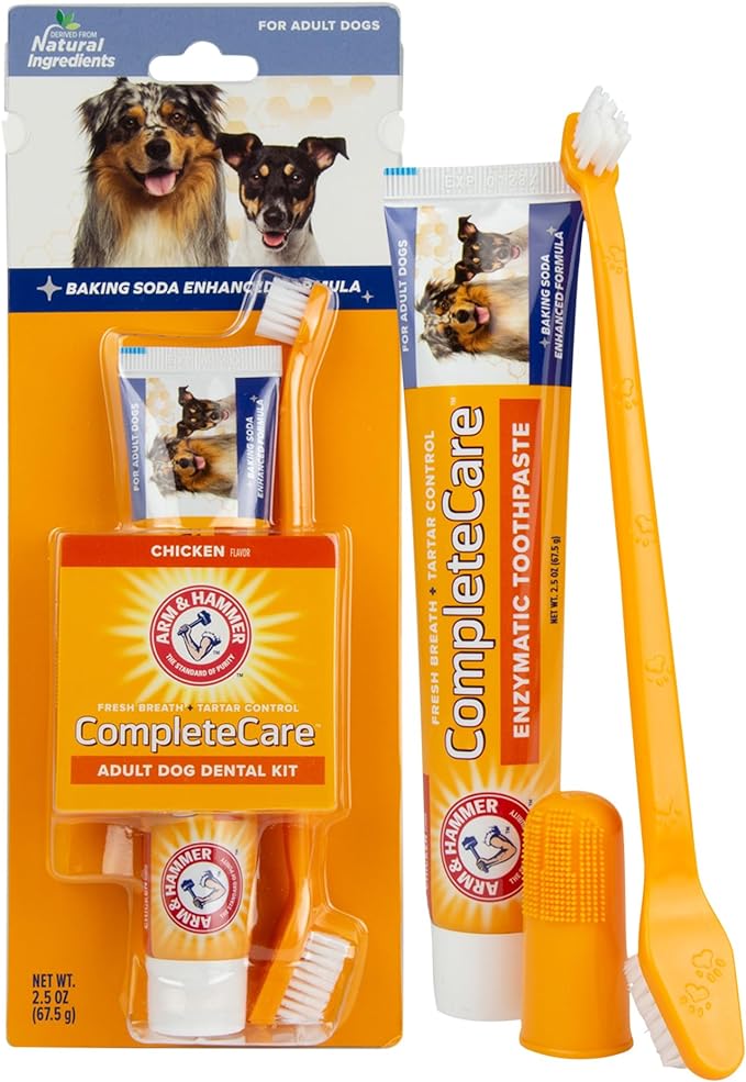 Arm & Hammer Complete Care Dog Dental Kit | 2.5 oz Chicken Flavor Enzymatic Dog Toothpaste, Toothbrush, & Finger Brush | Baking Soda Enhanced Formula for Fresh Breath and Tartar Control