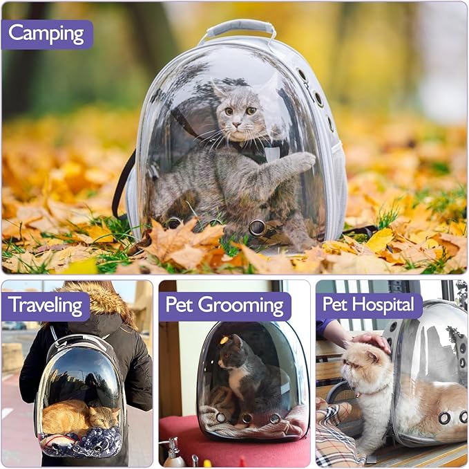 Pawaboo Cat Backpack Carrier, Pet Bubble Carrying Bag for Small Medium Kitty Puppy, Transparent Cat Space Capsule Backpack Airline Approved, Breathable Cat Travel Bag for Hiking Walking Camping, Black