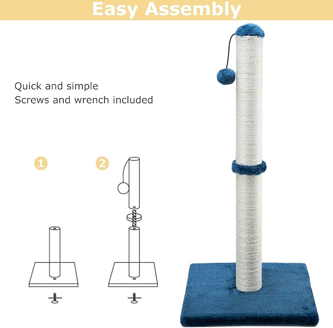 Tall Cat Scratching Post 34” Basic Vertical Scratcher for Indoor Cats and Kittens, Cat Scratch with Sturdy Sisal Rope and Hanging Ball, Large Heavy Plush Base (Blue)