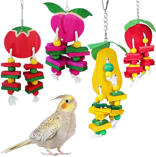 Hamiledyi 4 PCS Bird Toys Parrot Toys Multicolor Natural Wooden Block Bird Chewing Toys Parrot Cage Bite Toys for Conures Parakeets Cockatiels Lovebirds African Grey Macaws Amazon Parrots