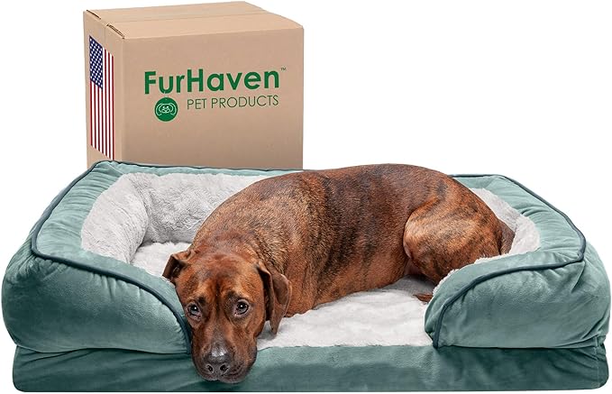 Furhaven Memory Foam Dog Bed for Large/Medium Dogs w/ Removable Bolsters & Washable Cover, For Dogs Up to 55 lbs - Plush & Velvet Waves Perfect Comfort Sofa - Celadon Green, Large