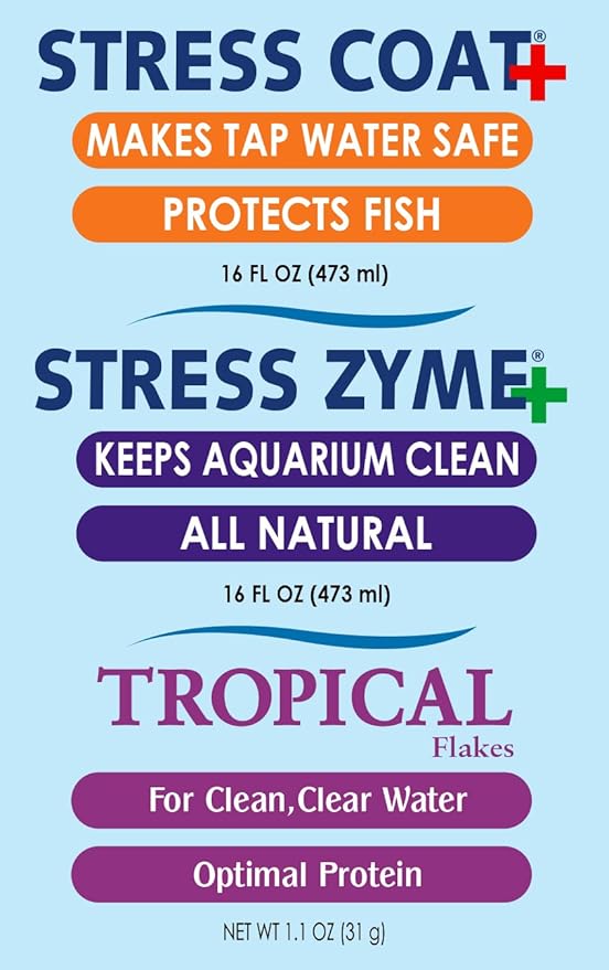 API Aquarium Water Conditioner & Tropical Food Bundle Pack: One (1) API Stress Coat 16 oz., one (1) API Stress Zyme 16 oz., one (1) API Tropical Flakes Fish Food 1.1 oz.