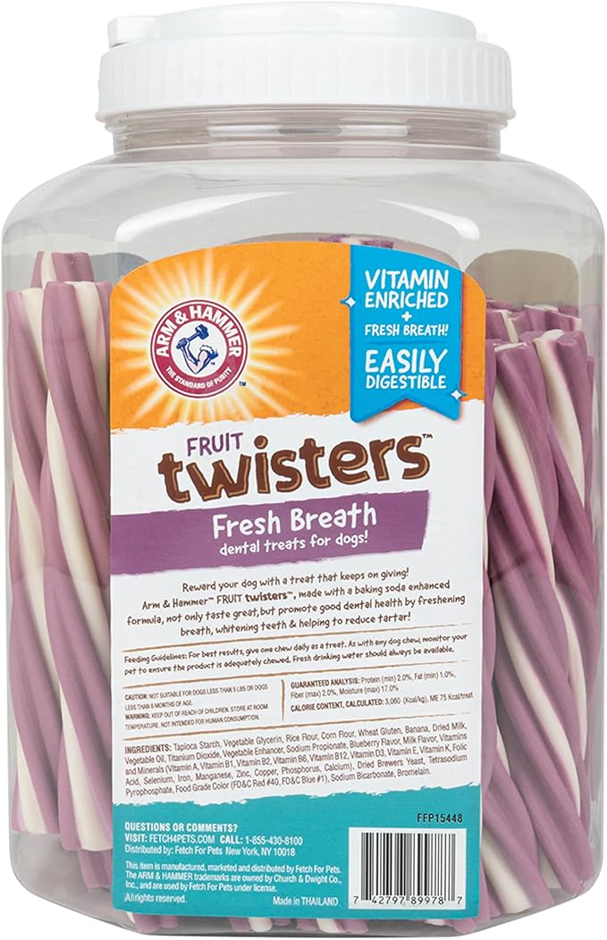 Arm & Hammer for Pets Fruit Twisters Dental Treats for Dogs, Value Pack, 57 Pieces - 6 Pack | Blueberry Flavored Dog Dental Chews Fight Bad Breath, Plaque & Tartar Without Brushing