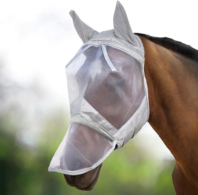 Harrison Howard CareMaster Horse Fly Mask Long Nose with Ears Full Face Moonlight Silver Medium Cob