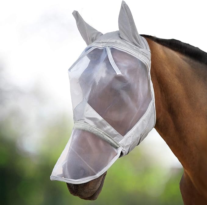 Harrison Howard CareMaster Horse Fly Mask Long Nose with Ears Full Face Moonlight Silver Small Pony