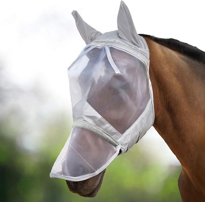 Harrison Howard CareMaster Horse Fly Mask Long Nose with Ears Full Face Moonlight Silver Large Full Size
