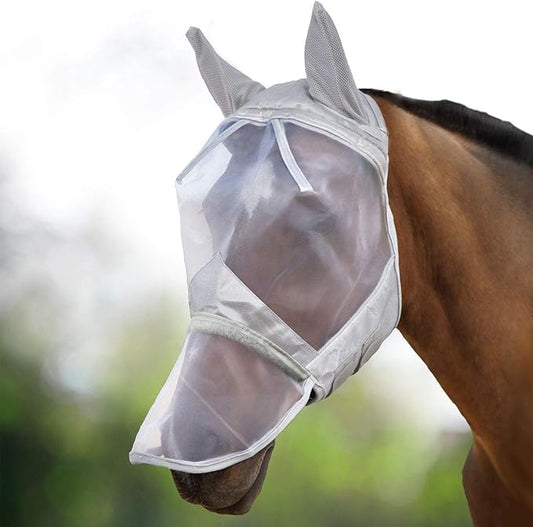 Harrison Howard CareMaster Horse Fly Mask Long Nose with Ears Full Face Moonlight Silver Large Full Size