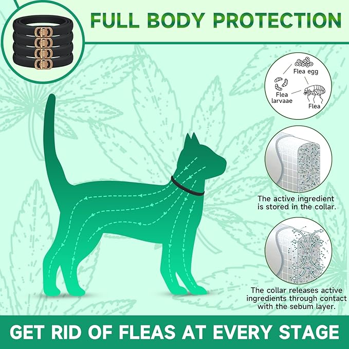 4 Pack Flea Collar for Cats, Cat Flea and Tick Treatment, 8 Months Protection Flea and Tick Prevention for Cats, Waterproof Cat Flea Collar, Adjustable Cat Flea and Tick Collar for Cats Kittens, Black